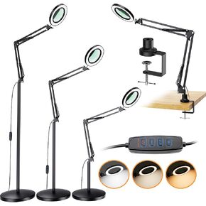 5X Magnifying Glass with Light and Stand, 3-in-1 Magnifying Floor Lamp Adjustable Swing Arm Stepless Dimmable 3 Color Modes, LED Lighted Magnifier for Close Work Reading Repair Painting Crafts,Hobby