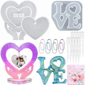 82PCS Photo Frame Resin Molds Set, Atarvana Heart Shape Silicone Molds with Love Mold, 10pcs Chains,60pcs Resin Stickers and 10pcs Droppers for for Wedding Anniversary Home Decor (02 82pcs)