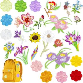 26 Pcs Multi-Flower Embroidered Iron on Patches, Daisy Butterfly Bee Sew on Applique Patches Set, Embroidered Applique for Clothes, Hats, Jeans, Backpacks (S)