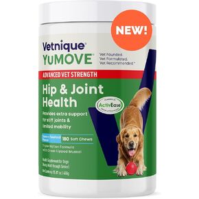 YuMOVE Hip & Joint Supplement for Dogs with Glucosamine, Hyaluronic Acid, Green Lipped Mussel & Omega 3 Joint Supplement - Regular and Advanced Strength (45ct, Advanced Vet Strength Soft Chews)