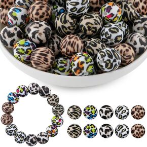 50Pcs Multicolor Leopard Silicone Beads for Keychain Making, Pattern Print Silicone Beads for Pens Necklace Bracelets Craft
