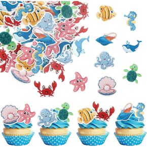 40 Pack Marine Animal Cupcake Toppers Glitter Starfish Hippocampus Seaweed Ocean Sea Animal Creature Marine Cupcake Picks Kids Birthday Baby Shower Summer Cake Decorations Style 1