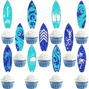 24pcs Glitter Surfboard Theme Cupcake Toppers Summer Surfing Party Decorations Summer Beach Surf Cake Cupcake Picks for Surfer Birthday Hawaii Surfing Party Supplies