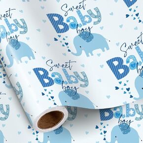RUSPEPA Baby Shower Boy Wrapping Paper Roll, Mini Roll, Sweet Blue Elephant Gift Wrap Paper for Newborn, Baby Shower, Gender Reveal Party and Birthday, 17 Inches x 16.4 Feet