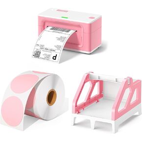 MUNBYN RealWriter 941 Shipping Label Printer 4x6 Label Printer for Shipping Packages+2 Inch Pink Circle Thermal Sticker Labels+Pink Label Holder