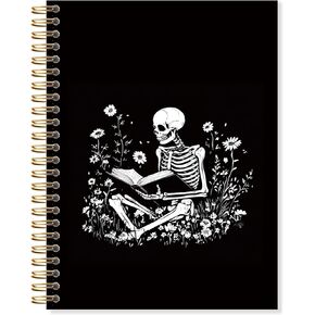 Gothic Floral Skeleton Spiral Notebook, Book Lover Notebooks for Note Taking, Reading Journal for Books Lovers, Book Reader Journal, Goth Skull Journal 5.5x8.3 Inch with 164 Pages