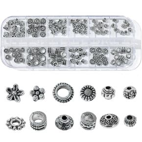12 Style Antique Silver Spacer Beads, Bracelet Necklace Craft Beads for Jewelry Findings Accessories, for Bracelets, Necklace, Earring Jewelry Making (120pcs)