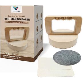 BLUKSYBU Wood Block Printing baren - Bamboo and Wood Baren for Printmaking with Comfortable Ergonomic Handle - Linocut Block Printing - Printmaking Supplies Tool with Felt Mat and Cleaning Cloth