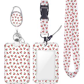 Cute White Cherries ID Badge Holder Badge Reel Lanyards for ID Badges Keychain Vertical Protector Retractable Carabiner Clips Heavy Duty Key Lanyard for Women Girls Coworker Office Accessories