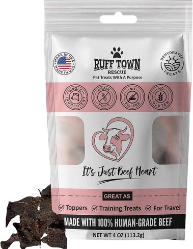 Ruff Town Dog Treats - Human Grade Beef Heart | Dehydrated Single Ingredient | High Protein, Low Fat, Hypoallergenic, Grain Free Training Treats | Ideal for All Breeds & Sizes, Made in USA(4oz) in Saudi Arabia