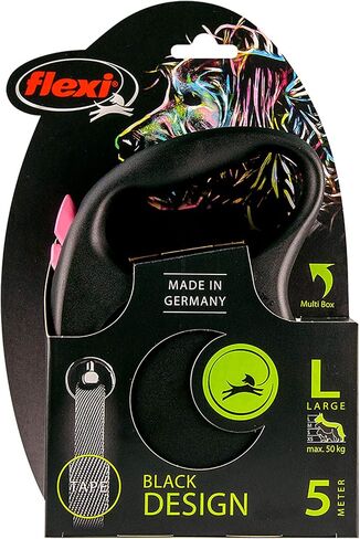 Flexi Black Design Tape Pink Large 5m Retractable Dog Leash/Lead for Dogs up to 50kgs/110lbs in Kuwait