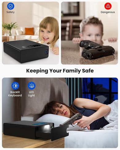 Biometric Gun Safe for Pistols - 0.5S Unlock with Fingerprint, Digital Keypad, App, Key - Quick Access Handgun Safe for Home & Travel - Compact Drawer Safe for Bedside, Nightstand and Car in Saudi Arabia