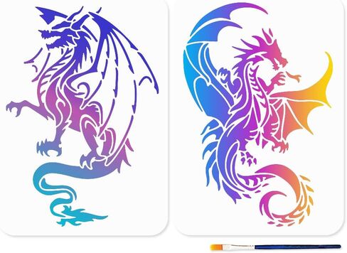 Mayjoydiy Dragon Stencils للطلاء ، A4 مقاس 11.7x8.3 بوصة ، 2 عبوة مع فرشاة الطلاء ، قوالب حرفية قابلة لإعادة الاستخدام لخشب DIY in Saudi Arabia