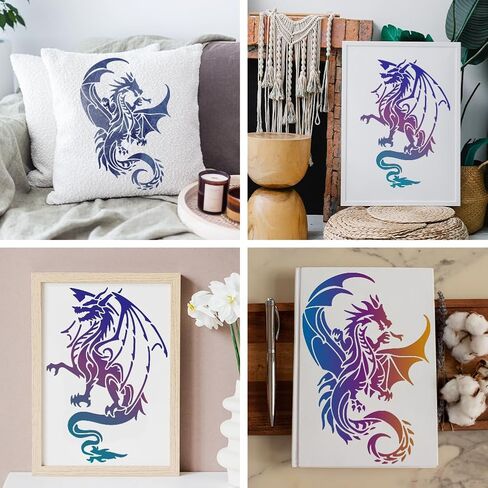 Mayjoydiy Dragon Stencils للطلاء ، A4 مقاس 11.7x8.3 بوصة ، 2 عبوة مع فرشاة الطلاء ، قوالب حرفية قابلة لإعادة الاستخدام لخشب DIY in Saudi Arabia