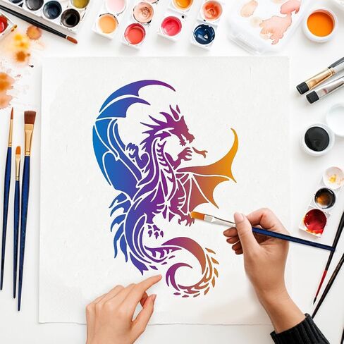 Mayjoydiy Dragon Stencils للطلاء ، A4 مقاس 11.7x8.3 بوصة ، 2 عبوة مع فرشاة الطلاء ، قوالب حرفية قابلة لإعادة الاستخدام لخشب DIY in Saudi Arabia