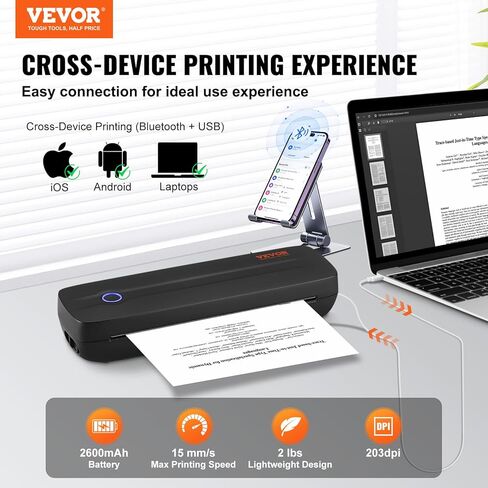طابعة Vevor Portable Printer - بطارية 2600 مللي أمبير في الساعة ، و 203 نقطة في البوصة ، وطابعة متنقلة من Bluetooth غير المحمول للورق الحراري A4 و A5 و 8.5 "× 11" ، متوافقة مع iOS و Android & Laptop ، مثالية للسفر والمكتب والاستخدام المنزلي in Saudi Arabia