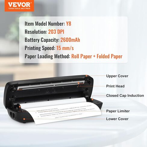 طابعة Vevor Portable Printer - بطارية 2600 مللي أمبير في الساعة ، و 203 نقطة في البوصة ، وطابعة متنقلة من Bluetooth غير المحمول للورق الحراري A4 و A5 و 8.5 "× 11" ، متوافقة مع iOS و Android & Laptop ، مثالية للسفر والمكتب والاستخدام المنزلي in Saudi Arabia