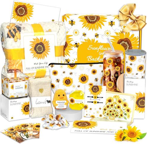سلال هدايا عباد الشمس للنساء ، 18 جهاز كمبيوتر الشخصي يرسل Sunshine Freefile Birke Box Care Package ، احصل على سلال SPA SPA قريبًا مع بطانية - أفكر فيك هدية لها ، النساء ، الأخ ، أمي in Kuwait