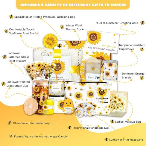 سلال هدايا عباد الشمس للنساء ، 18 جهاز كمبيوتر الشخصي يرسل Sunshine Freefile Birke Box Care Package ، احصل على سلال SPA SPA قريبًا مع بطانية - أفكر فيك هدية لها ، النساء ، الأخ ، أمي in Kuwait