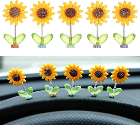 5pcs Sunflower Car Dashboard Decorations Bobblehead Sunflowers Car Ornament Dozy Hoome Mozy Home عباد الشمس للسيارات الداخلية للنساء ، للسيارات اللطيفة للسيارات الداخلية الحلي المكتبية in Kuwait
