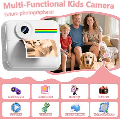 Kids Camera Instant Print with Color Printing Paper and Protective Case 32GB Card, Front Rear Dual Selfie Kids Camera with 1080P Videos, Christmas Birthday Gifts for Girls and Boys Age 3-12 (White) in Saudi Arabia