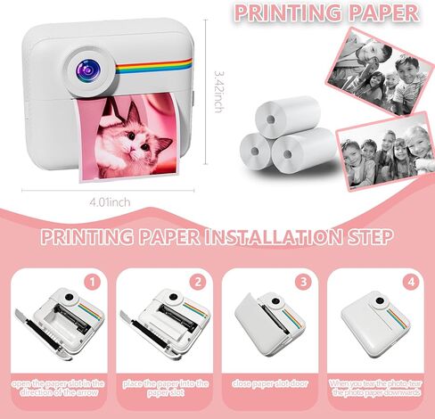 Kids Camera Instant Print with Color Printing Paper and Protective Case 32GB Card, Front Rear Dual Selfie Kids Camera with 1080P Videos, Christmas Birthday Gifts for Girls and Boys Age 3-12 (White) in Saudi Arabia