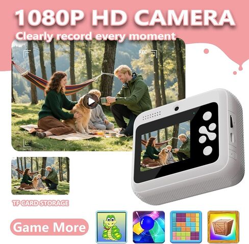 Kids Camera Instant Print with Color Printing Paper and Protective Case 32GB Card, Front Rear Dual Selfie Kids Camera with 1080P Videos, Christmas Birthday Gifts for Girls and Boys Age 3-12 (White) in Saudi Arabia