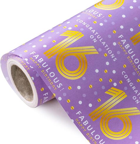 WRAPAHOLIC 16th Birthday Wrapping Paper - Mini Roll - 17 Inch x 33 Feet - Purple Gold Polka Dots Design for Birthday, Party, Holiday in Saudi Arabia