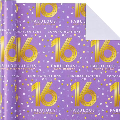 WRAPAHOLIC 16th Birthday Wrapping Paper - Mini Roll - 17 Inch x 33 Feet - Purple Gold Polka Dots Design for Birthday, Party, Holiday in Saudi Arabia