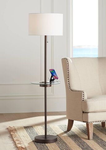 360 Lighting Caper Modern Floor Lamp with Tray Table USB and AC Power Outlet in Base 60.5" Tall Bronze Metal Off White Fabric Drum Shade for Living Room Reading House Bedroom in Saudi Arabia