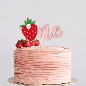 Strawberry One Wooden Cake Topper - Strawberry First Birthday Cake Topper ، Berry First Birthday Cake Decoration for Party ، Smash Cake ، Photo Props