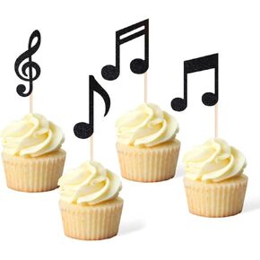 36 Pieces Musical Notes Cupcake Toppers, Black Glitter Rock Pop Music Theme Cupcake Picks Music Concert Theme Birthday Party Cake Decorations Supplies for Baby Shower Birthday Party Supplies
