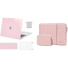 MOSISO Compatible with MacBook Air 13 inch Case 2022-2018 A2337 M1 A2179 A1932, Plastic Hard Shell&Square Quilted Vertical Sleeve &Keyboard Cover&Screen Protector&Storage Bag, Rose Pink&Chalk Pink