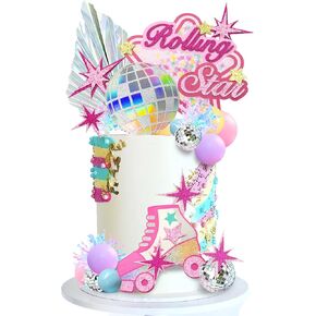 Roller Skate Cake Topper Disco Ball Cake Toppers Pastel Ball Cake Decorations Hot Pink Stars for Girls 80s 90s Skating Hip Hop Theme Rolling Party Decorations