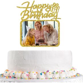 Happy Birthday Cake Topper with Photo Frame, Girl Boy Woman Man Birthday Photo Picture Cake Topper, Anniversary Party Cake Decorations Gold Glitter