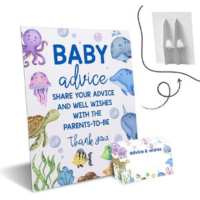 Baby Shower Game Set, Under the Sea 50 Baby Advice Cards with 1 Standing Sign - Ocean Animals Gender Neutral Baby Shower Party Favor - F03