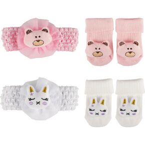BABESIDE 2 Sets of Baby Doll Headbands with Baby Doll Socks for 17-24 Inch Dolls, Reborn Baby Doll Accessories Set with Cute Animal Patterns for Newborn Baby Dolls Girls, White & Pink