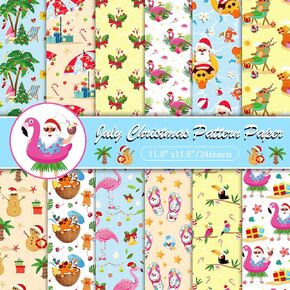 Konsait 24 Sheets Summer Christmas Scrapbook Paper 12x12 Santa Claus Hawaiian Papers Dovative Cardstock Tropical Christmas Double -Side Card