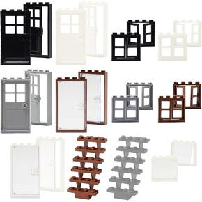 176 Pieces Windows and Doors Set,Building Blocks Accessories，City Garden Bricks Parts Bulk Pieces Compatible with Major Brands，Includes Stairs and Fences
