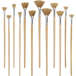 JEUIHAU 12 Pack Fan Brush Set, Bristles Fan Paint Brushes, Hog Bristle Stiff Fan Brush Set, Fan Artist Paint Brush with Long Wooden Handle for Acrylic Watercolor Oil Painting