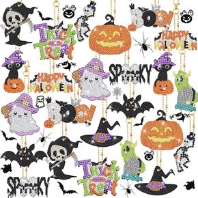 Outus 24 PCS Halloween 5D Pumpkin Ghost Witch Hat DIY Diamond Art Cheakenains Decorative double -side Diamond Key Chain Kit Pendant Making for Halloween Party Decoration Art