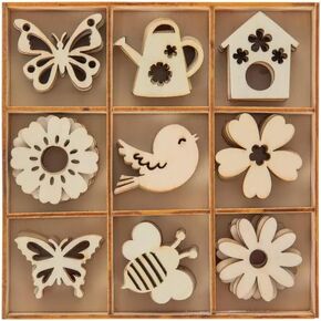 Spring Mini Icons Wood Shapes - Birds, Flowers, Butterflies, Bees, and More - 54 Pieces