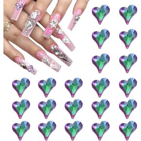 MECCANIXITY 20 Pcs 3D Heart Nail Charm Crystals Nail Gems 8x9mm Crooked Heart-Shape Art Rhinestone Charm for Valentine's Day DIY Decoration, AB Color