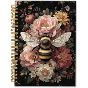 Vintage Floral Bee Spiral Notebook 5.5x8.3, Dark Cottagecore Botanical Journal, Rustic Wildflower Bumblebee Journal for Writing, Aesthetic Insect Flower Notebook for Note Taking