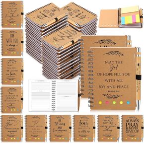 Spakon 50 Set Christian Gifts Bulk Church Gifts Religious Notebook Spiral Bible Verse Bamboo Pens Mini Bible Study Journal for Sunday School Employee Coworker Men Women (Brown)