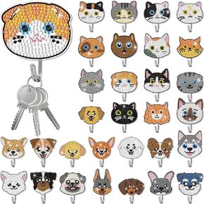 Relaxweex 30 Pcs Diamond Painting Kits for Adults DIY Diamond Art Painting Wall Hook Key Holder Wall Mounted Adhesive Hook Flowers Theme Arts and Crafts DIY Kits for Towel Hat Kitchen Decoration