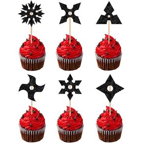 24pcs Ninja Silhouette Party Wedding Birthday Cupcake Toppers Decor Ninja Happy birthday Cupcake Toppers Decor Kit - Kung Fu Ninja theme Samurai Birthday Party Decorations