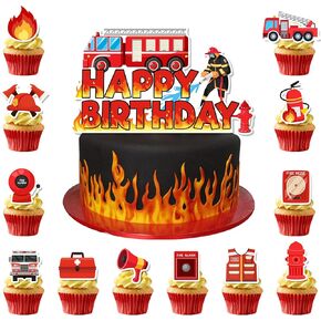 Fire Truck Cake Topper, 25 Pcs Fire Truck Cake Decorations Pack, Fireman Cake Topper Firefighter Cupcake Toppers Firetruck Cupcakes Toppers for Firetruck Birthday Decorations