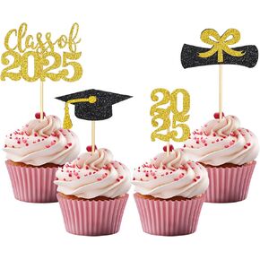 36 Pcs 2025 Graduation Theme Cupcake Toppers, Glitter 2025 Graduation Cap Diploma Cupcake Picks Food/Appetizer Picks for Graduate Theme Party Cake Decorations Supplies (Gold,Black)