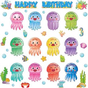 Under The Sea Bulletin Board Set for Classroom Decorations Ocean Theme Happy Birthday Chart Wall Decor Jellyfish Ocean Creatures Cutouts for Classrooms Charts Bulletin Boards Back School